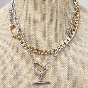 Silver & gold tone, NWT, double chain link rhinestone toggle necklace earrings